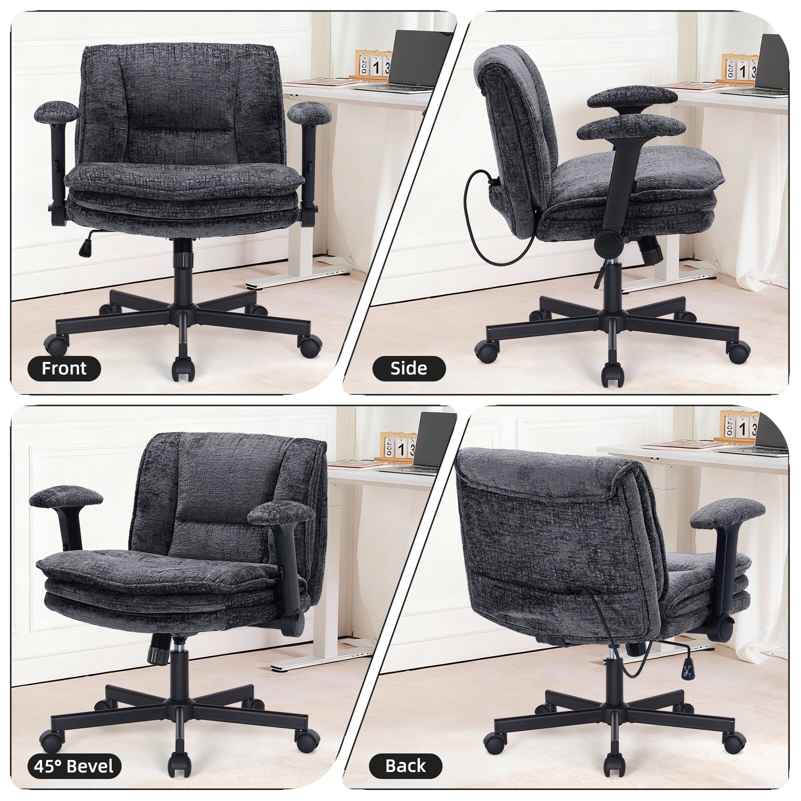 Criss Cross Chair With Wheels And Flip Arms, Upholstered Cross Legged Office Chair With 3 Layer Cushions&Dynamic Airbag Lumbar Support, Wide Seat Comfy Desk Chair For Home Office, Living Room, Black_maomaolike.com